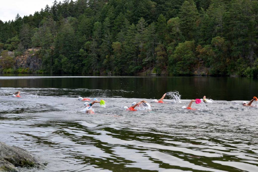 Racers, volunteers and sponsors at the SwimRun Victoria at Thetis Lake Victoria in 2018