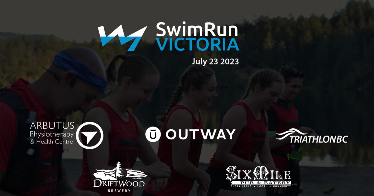 SwimRun Victoria 2023 logo and sponsor logos, like Arbutus Physiotherapy, OUTWAY, and Triathlon BC.